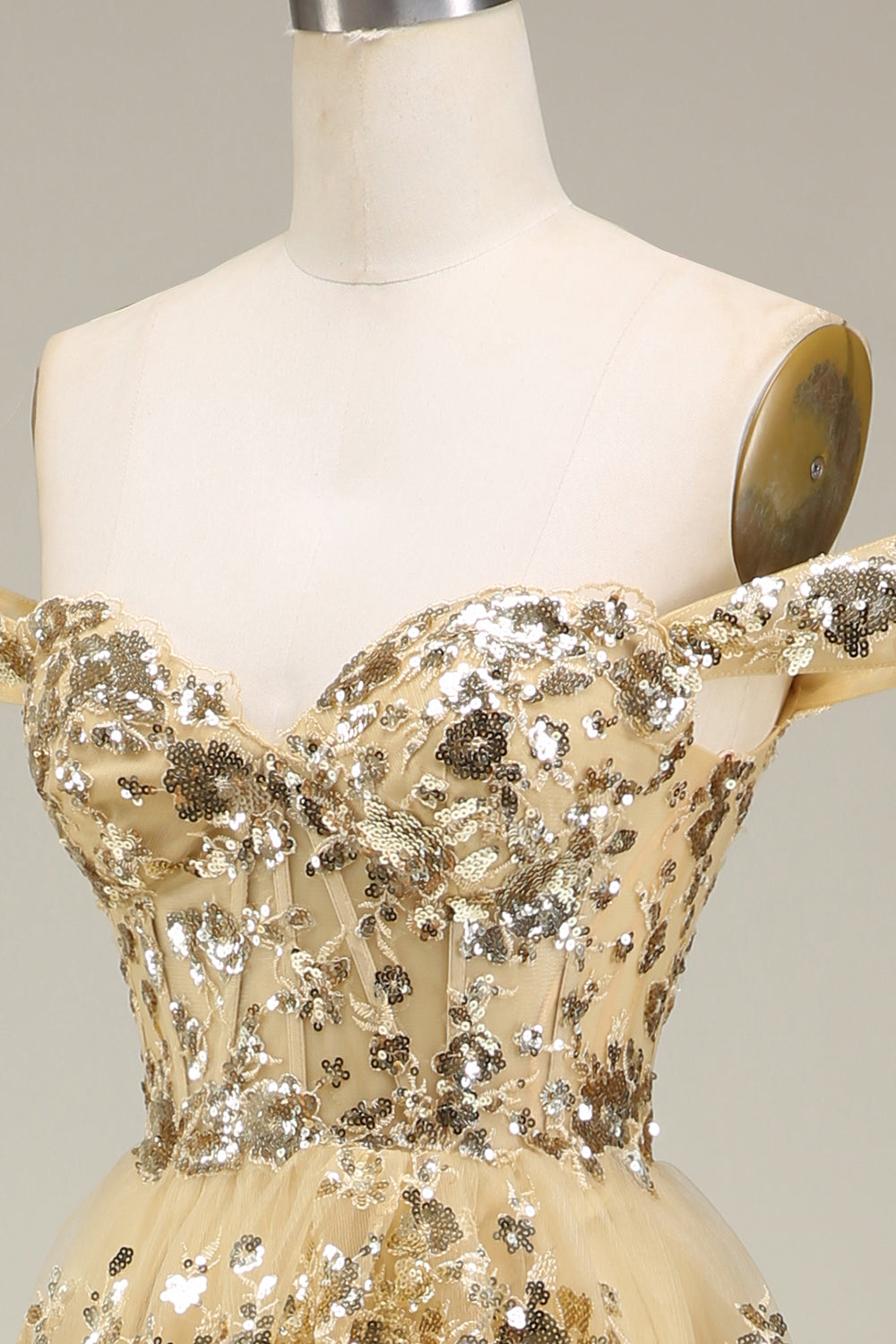 Sparkly Gold Off The Shoulder A-Line Prom Dress with Sequin And Split