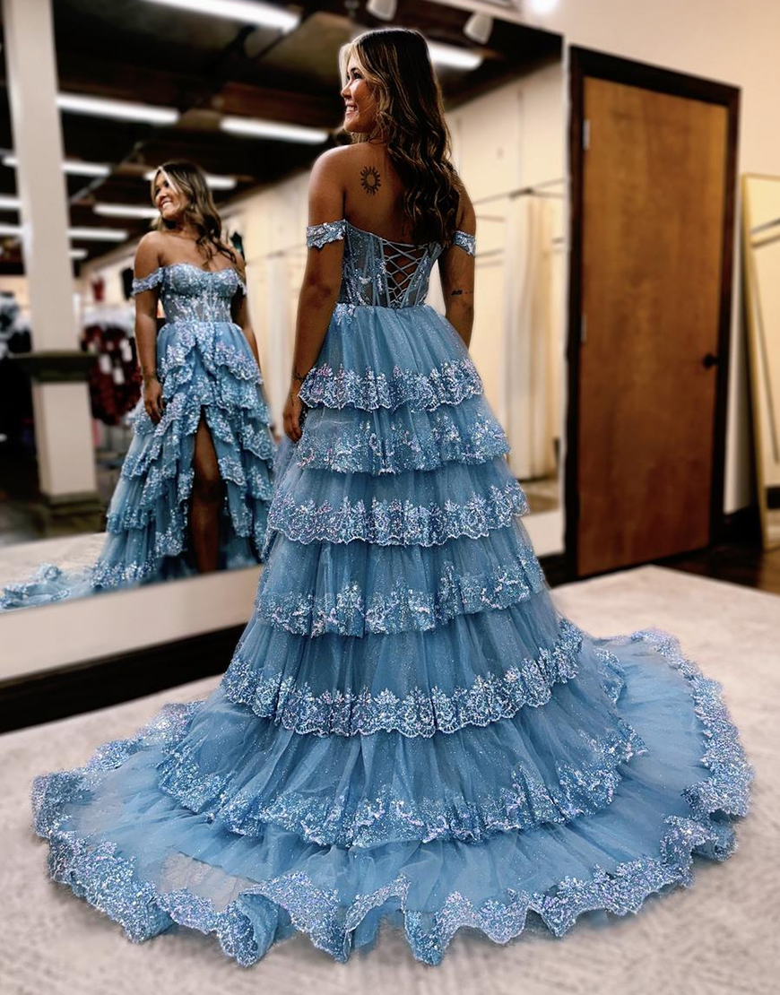 Stunning Glitter A-Line Off The Shoulder Long Tiered Prom Dress With Split