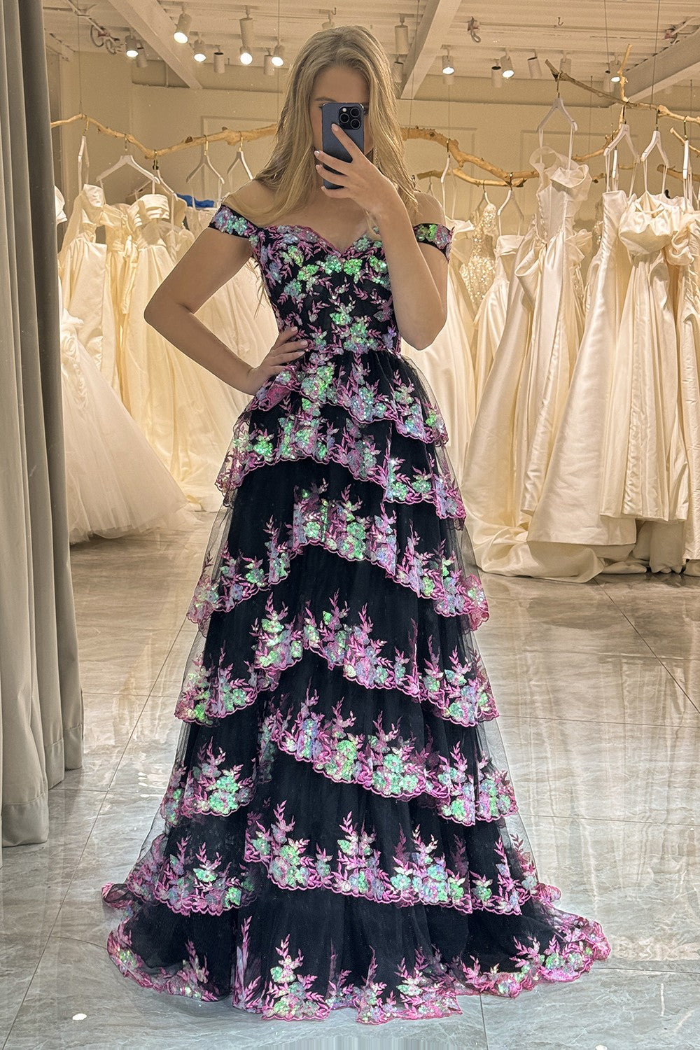 Trendy Gold A-Line Off The Shoulder Long Sequin Prom Dress with Split