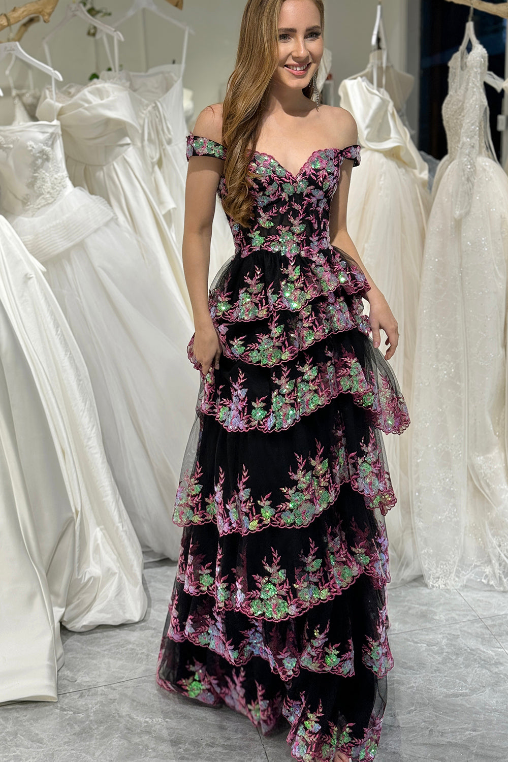 Gorgeous Shiny A-Line Long Tiered Corset Prom Dress With Sequined Appliques