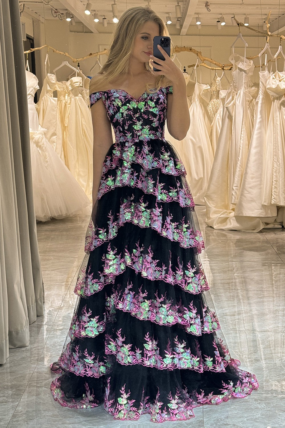 Trendy Gold A-Line Off The Shoulder Long Sequin Prom Dress with Split