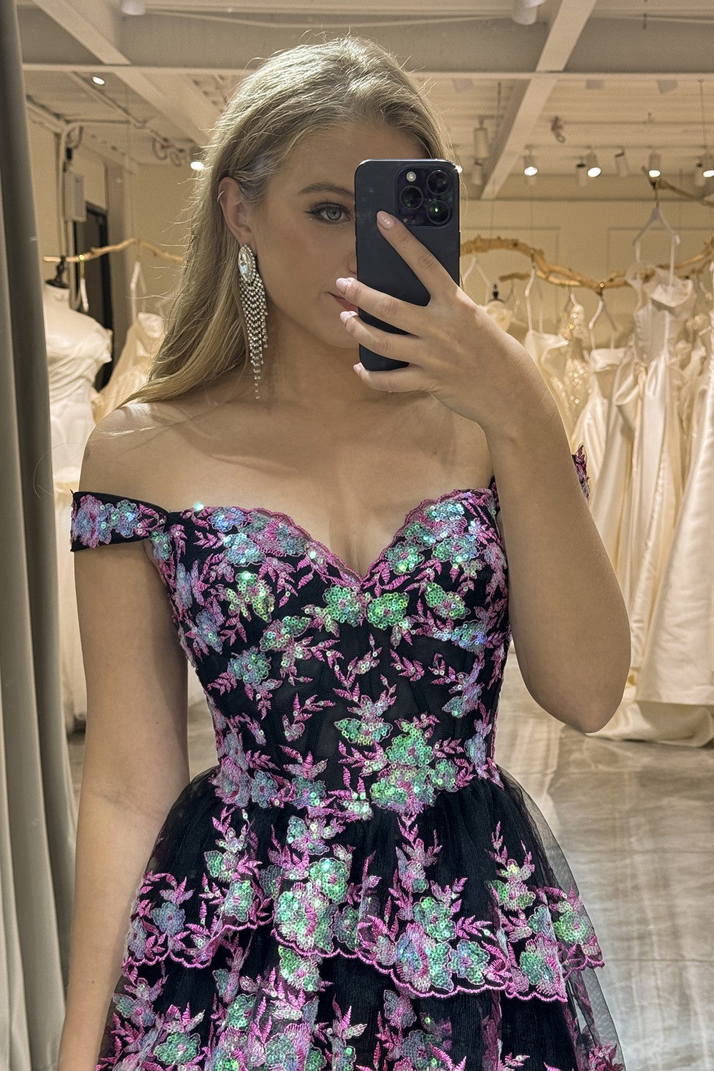 Sparkly A-Line Off The Shoulder Long Prom Dress with Appliques And Split