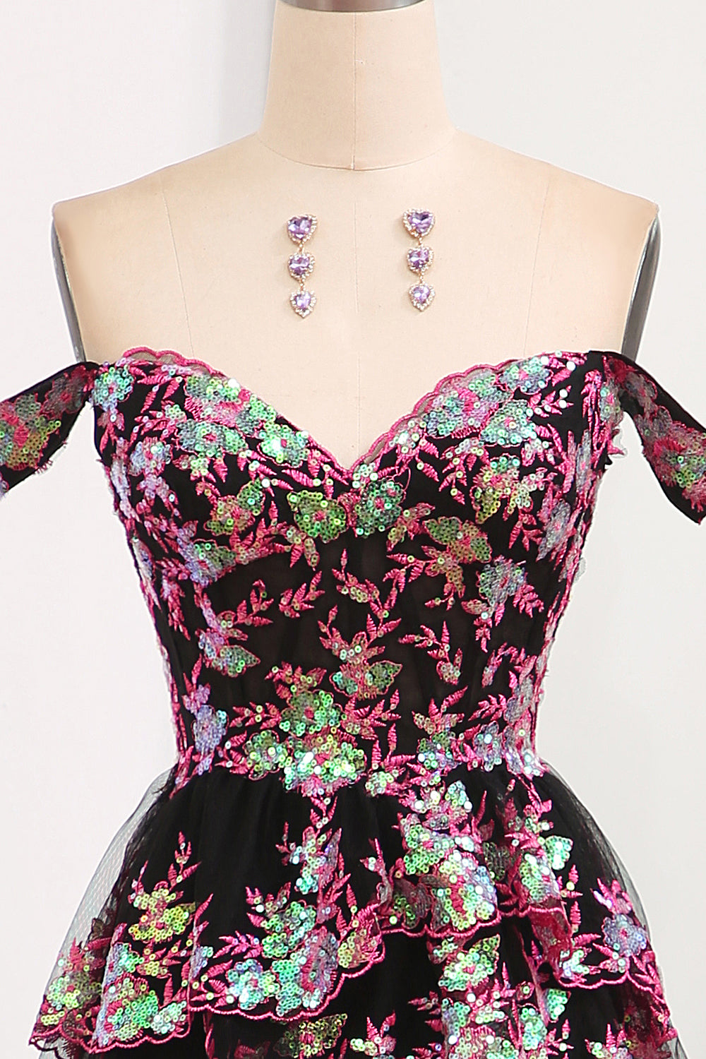 Luxurious Gold A-Line Off The Shoulder Long Tiered Prom Dress with Sequin