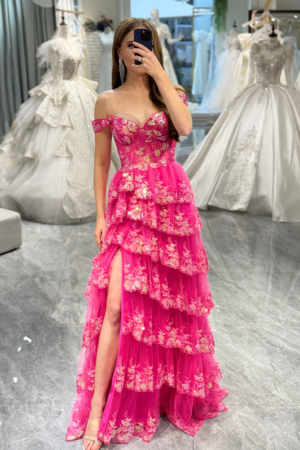Gorgeous Sparkly A-Line Off The Shoulder Long Prom Dress with Appliques