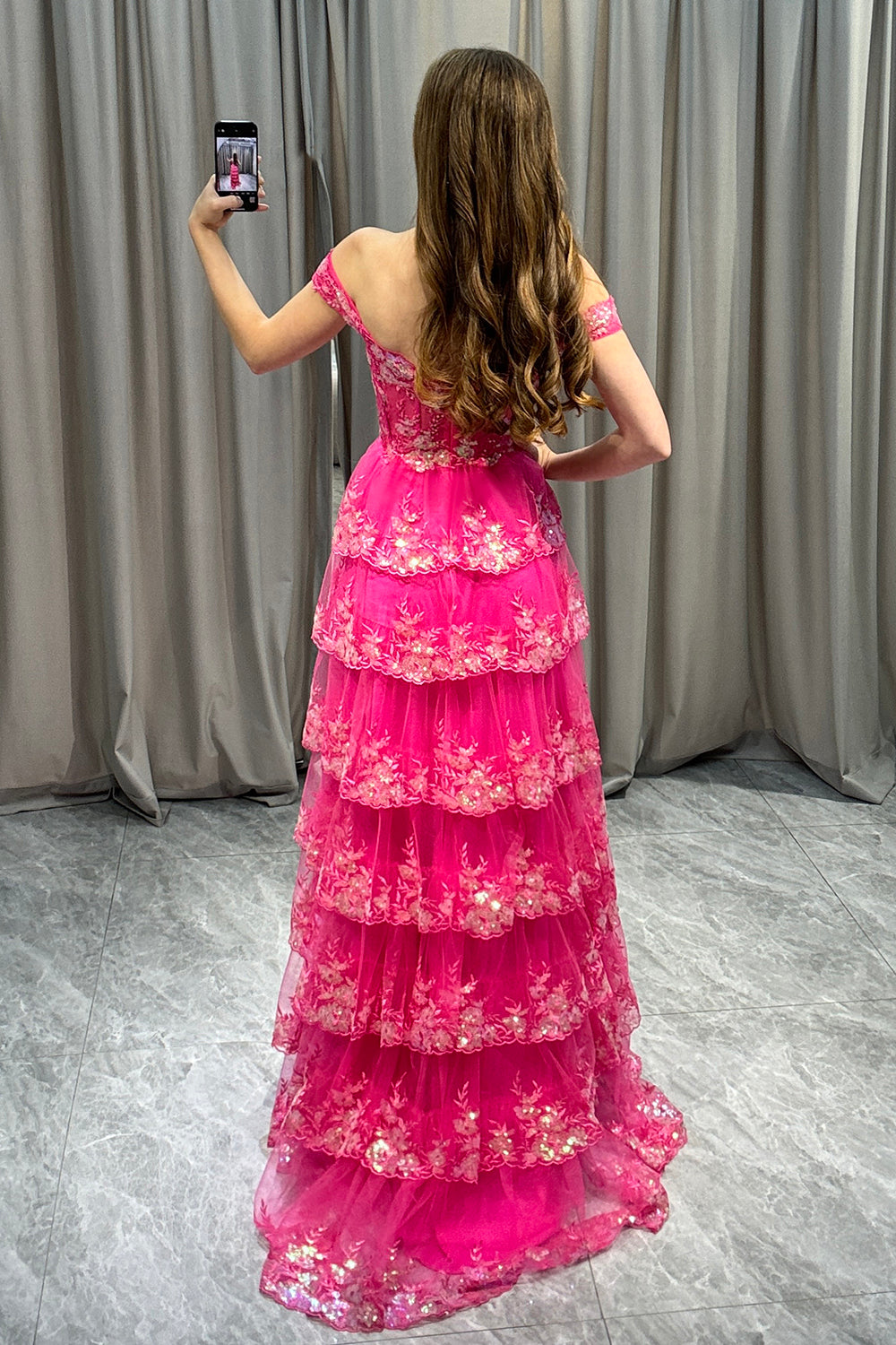 Glitter Fuchsia A-Line Long Tiered Corset Prom Dress With Sequined Appliques