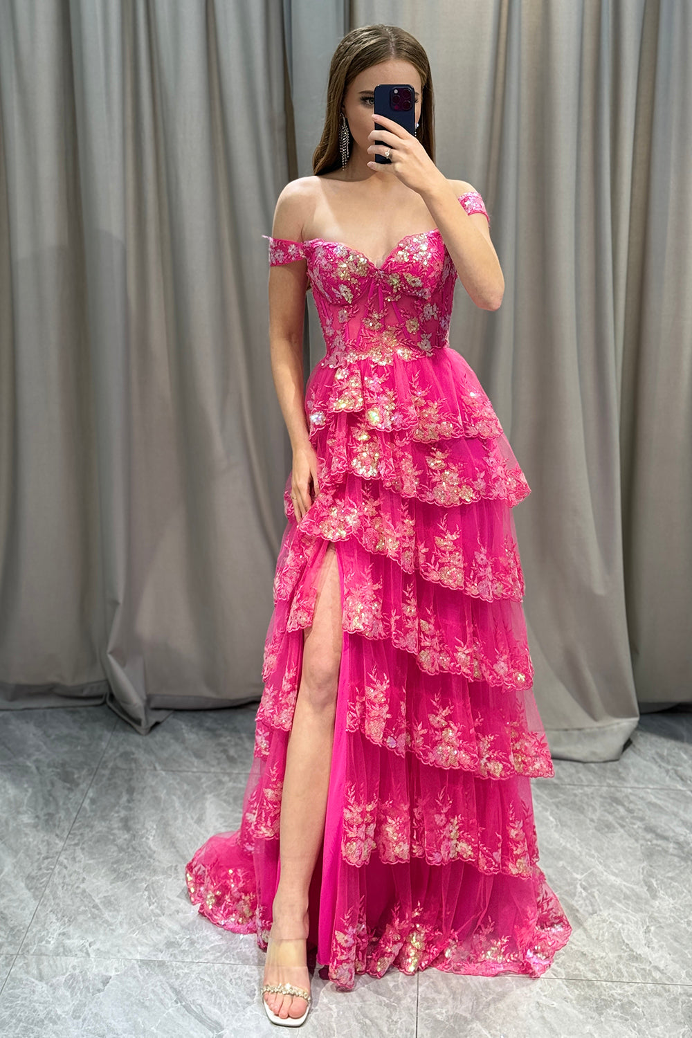 Gorgeous Sparkly A-Line Off The Shoulder Long Prom Dress with Appliques