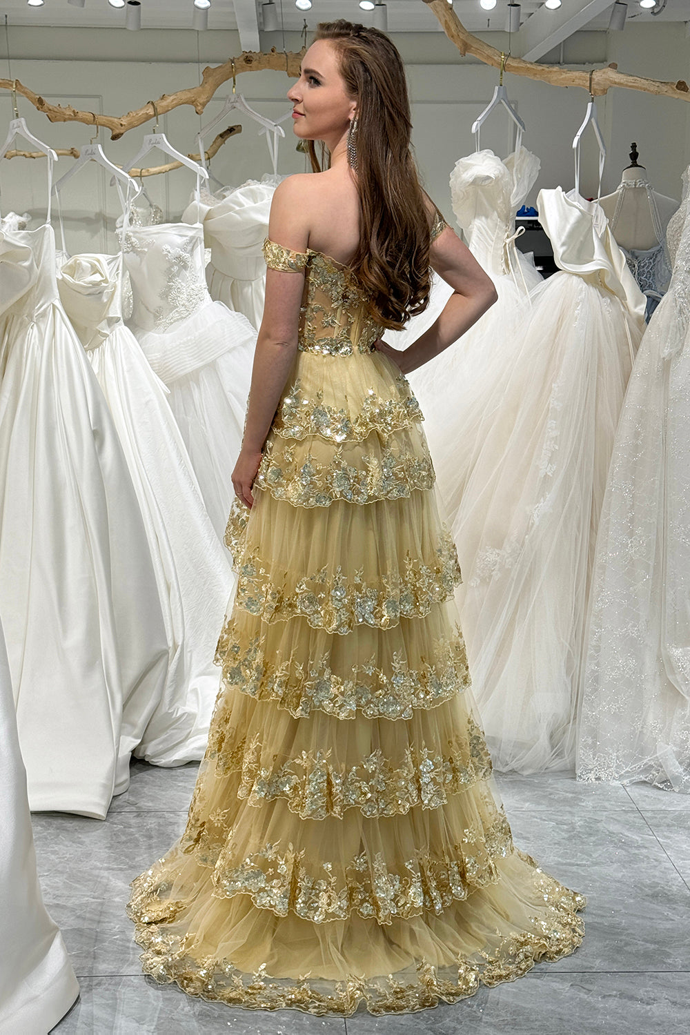 Trendy Gold A-Line Off The Shoulder Long Sequin Prom Dress with Split