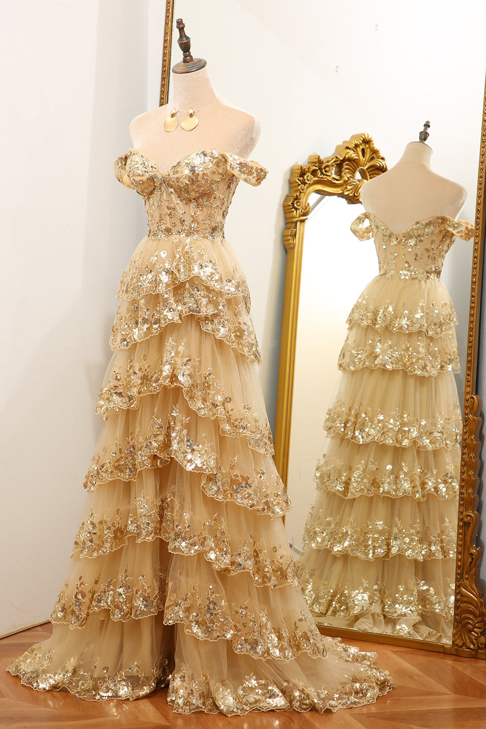 Luxurious Gold A-Line Off The Shoulder Long Tiered Prom Dress with Sequin