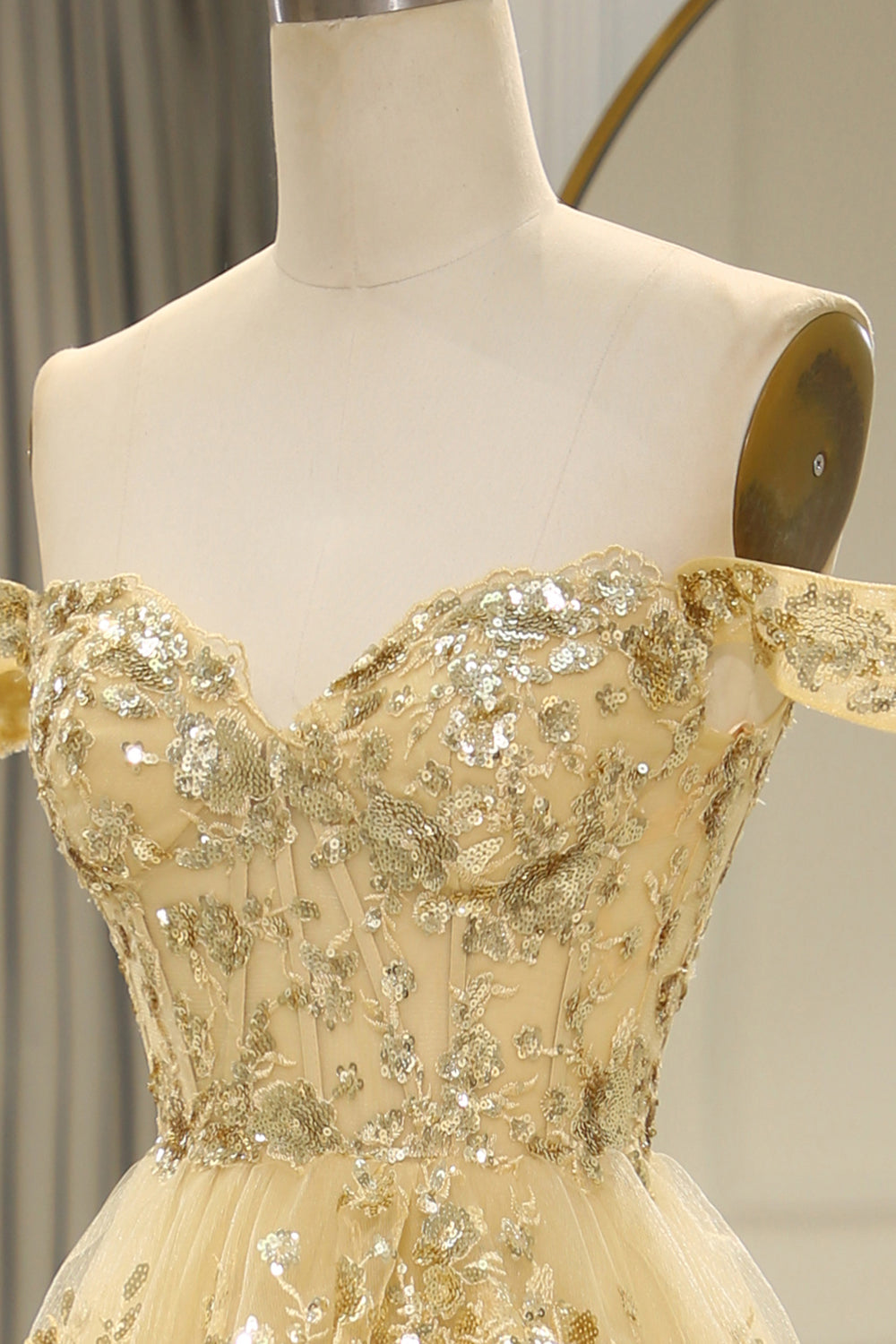 Gorgeous A-Line Off The Shoulder Long Prom Dress with Sequin And Split