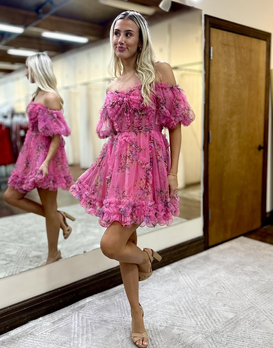 Pretty Fuchsia Floral Puff Sleeves A-Line Short Party Dress