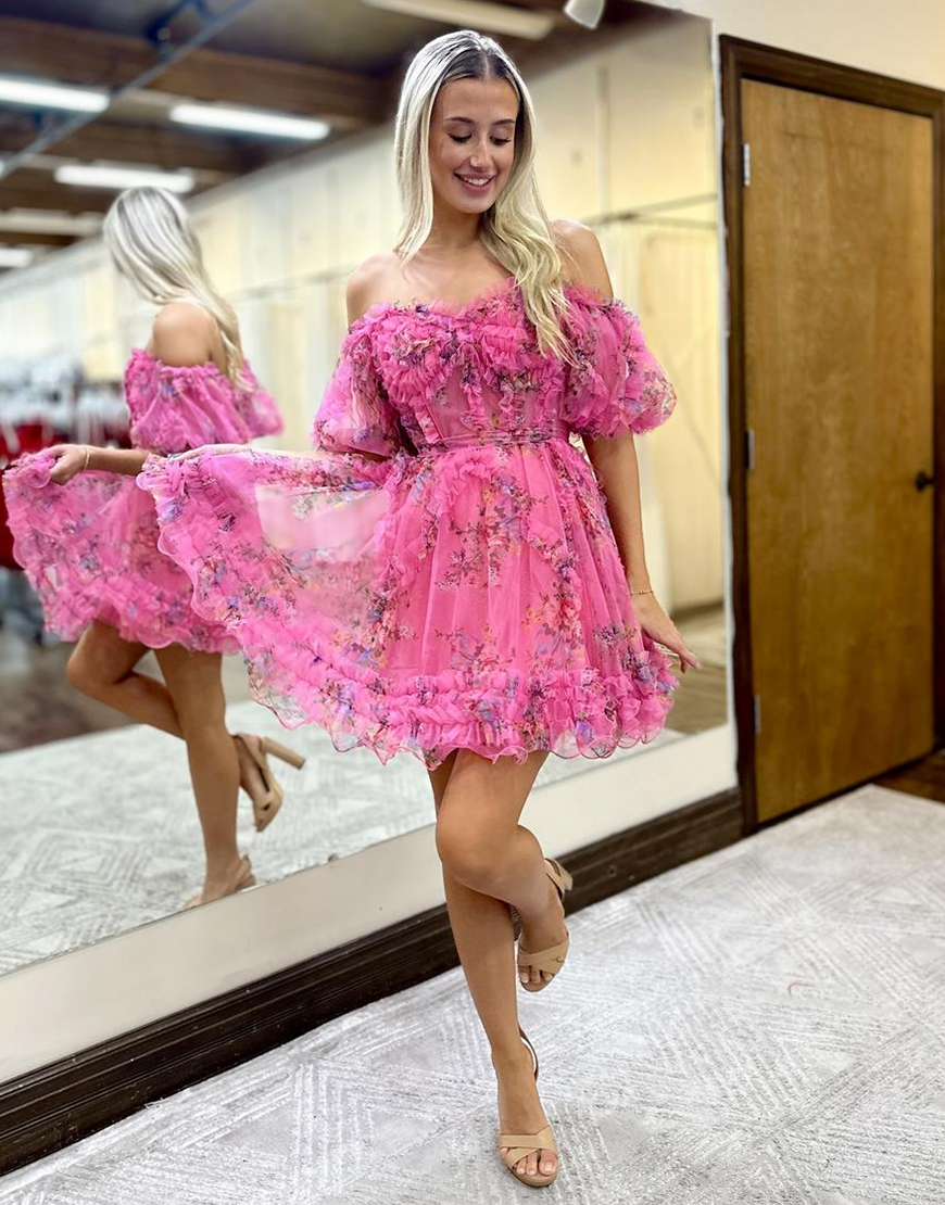 Pretty Fuchsia Floral Puff Sleeves A-Line Short Party Dress