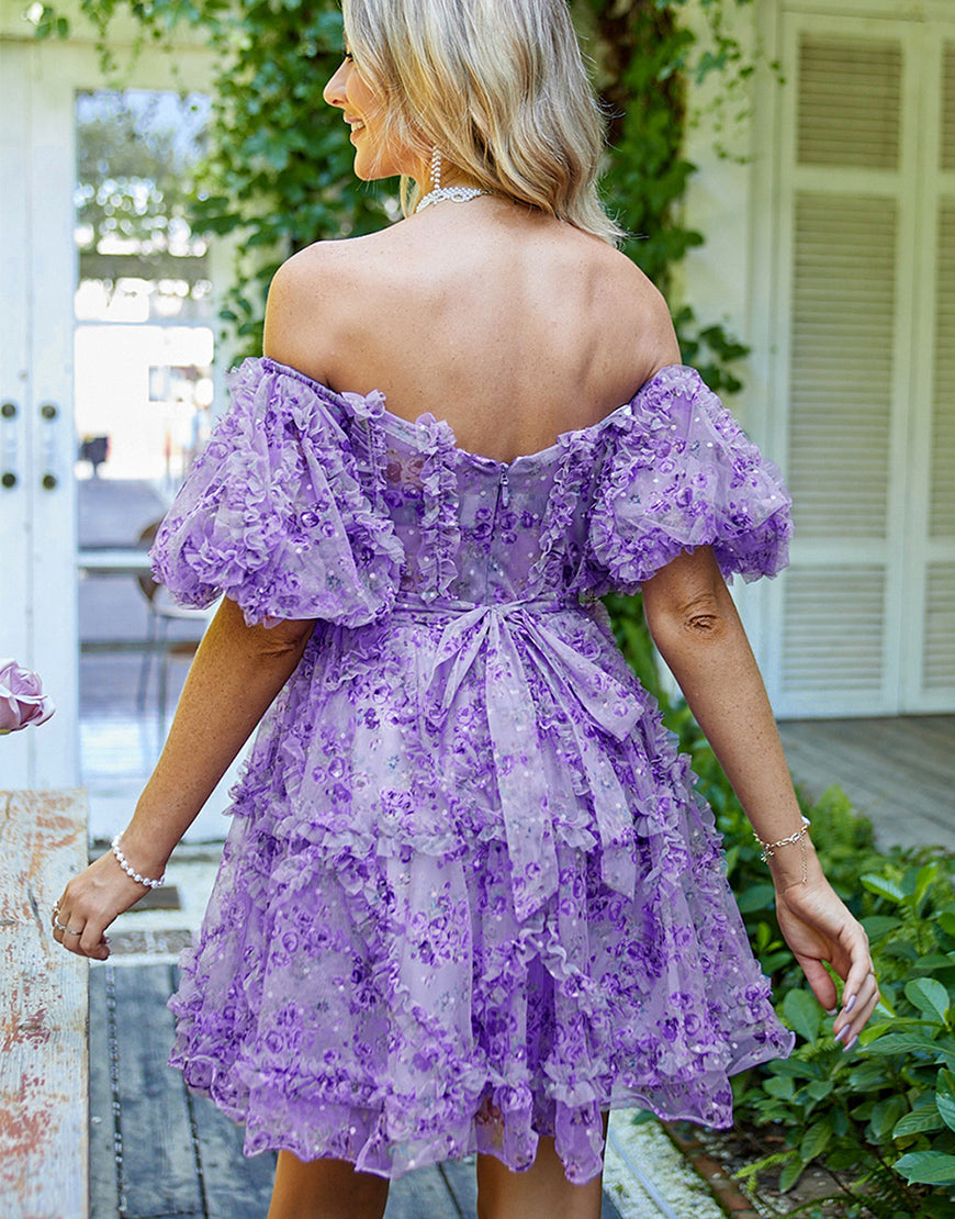 Pretty Fuchsia Puff Sleeves A-Line Short Party Dress