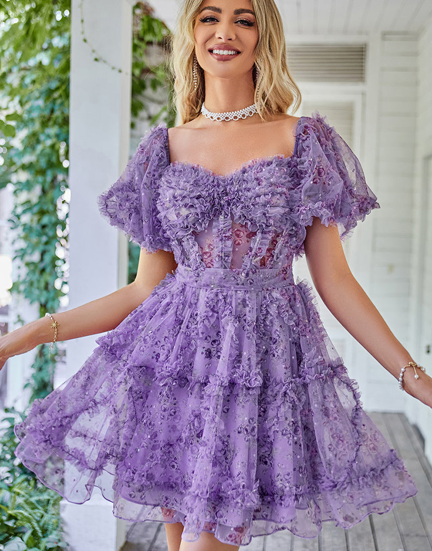 Pretty Fuchsia Puff Sleeves A-Line Short Party Dress