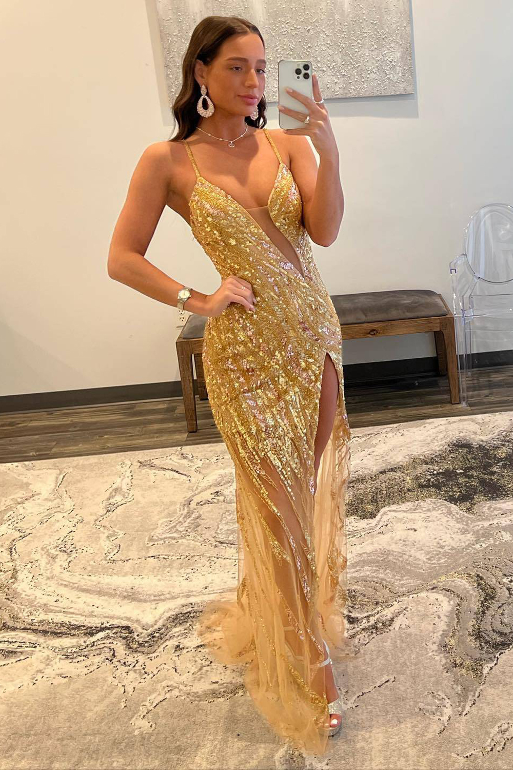 Sparkly Sequin Gold Mermaid Spaghetti Straps Long Tulle Prom Dress With Split