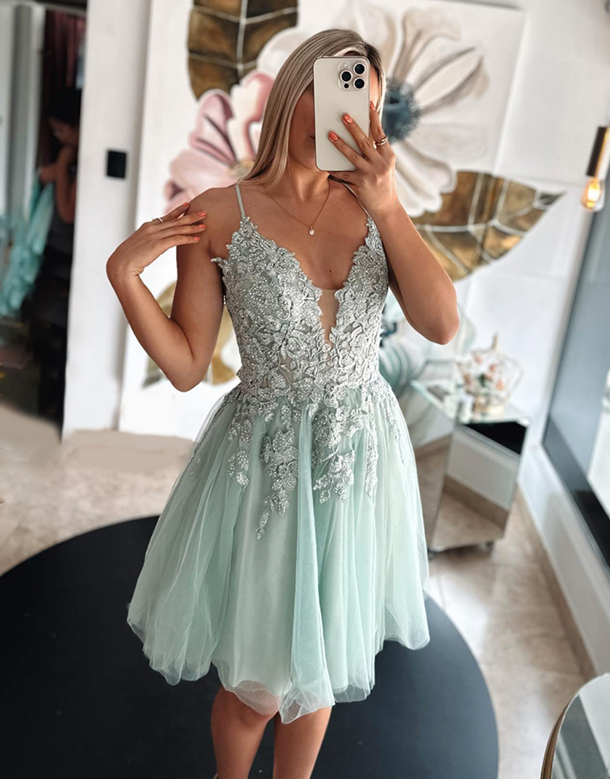 Sparkly Green Tulle A Line Homecoming Dress With Lace
