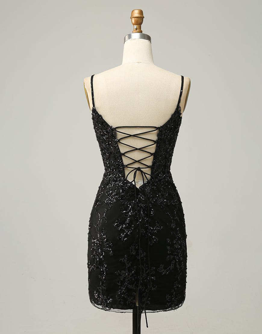 Black Spaghetti Straps Corset Back Sequin Homecoming Dress