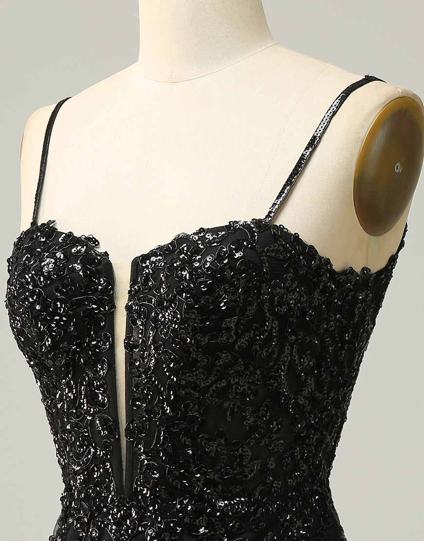 Black Spaghetti Straps Corset Back Sequin Homecoming Dress