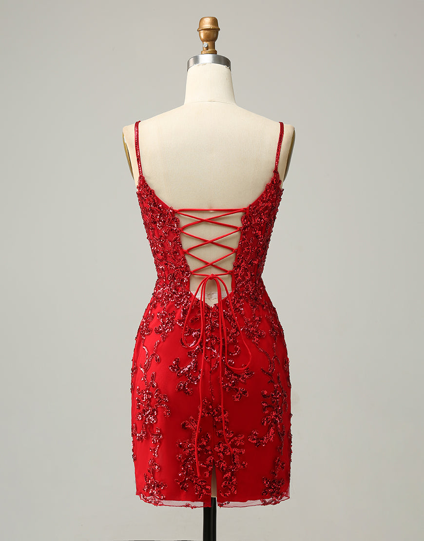 Red Sheath Corset Back Short Sequin Homecoming Dress