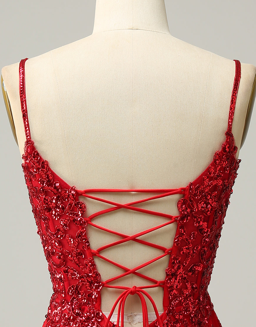 Red Sheath Corset Back Short Sequin Homecoming Dress