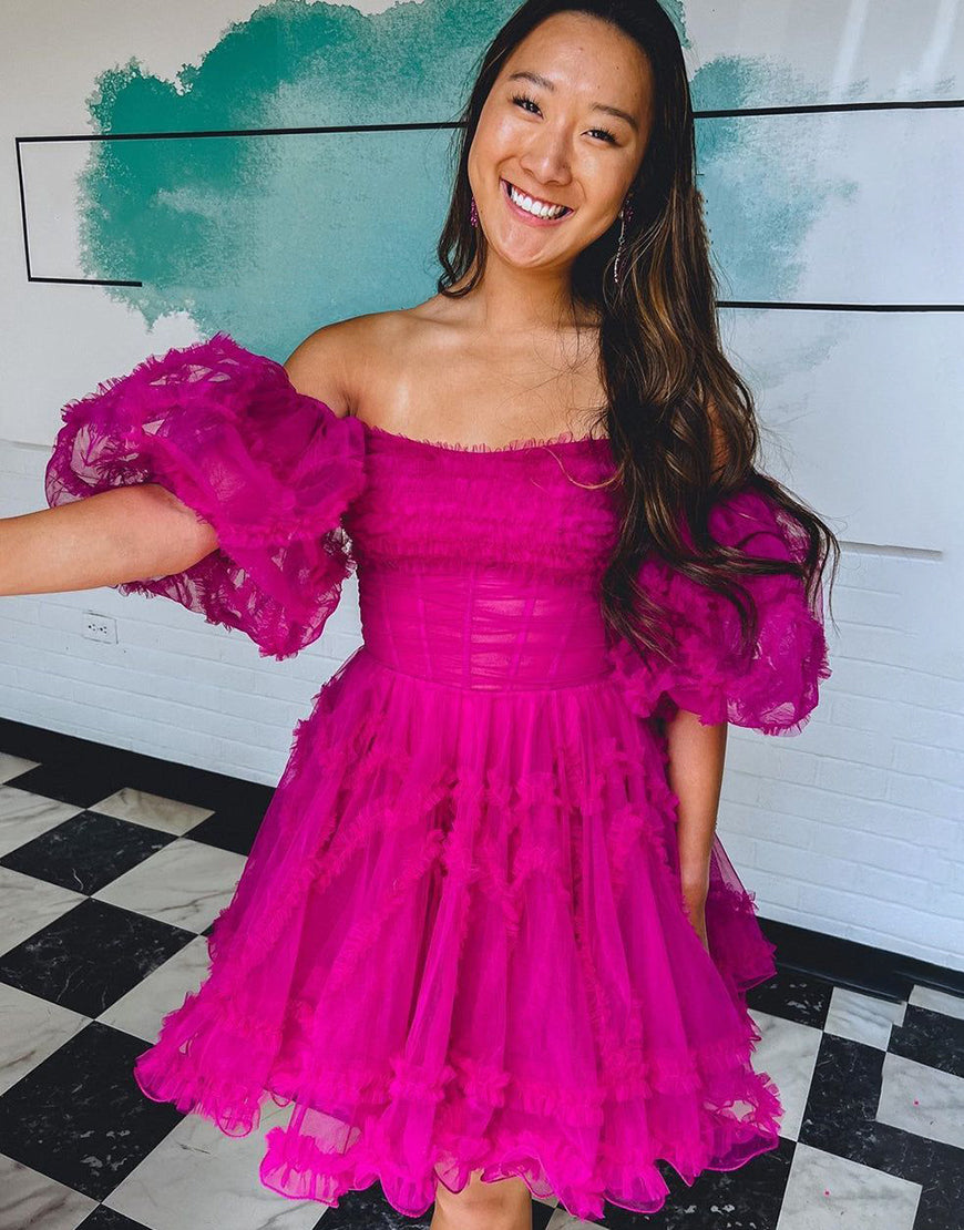 Fuchsia A-Line Off The Shoulder Short Tulle Party Dress