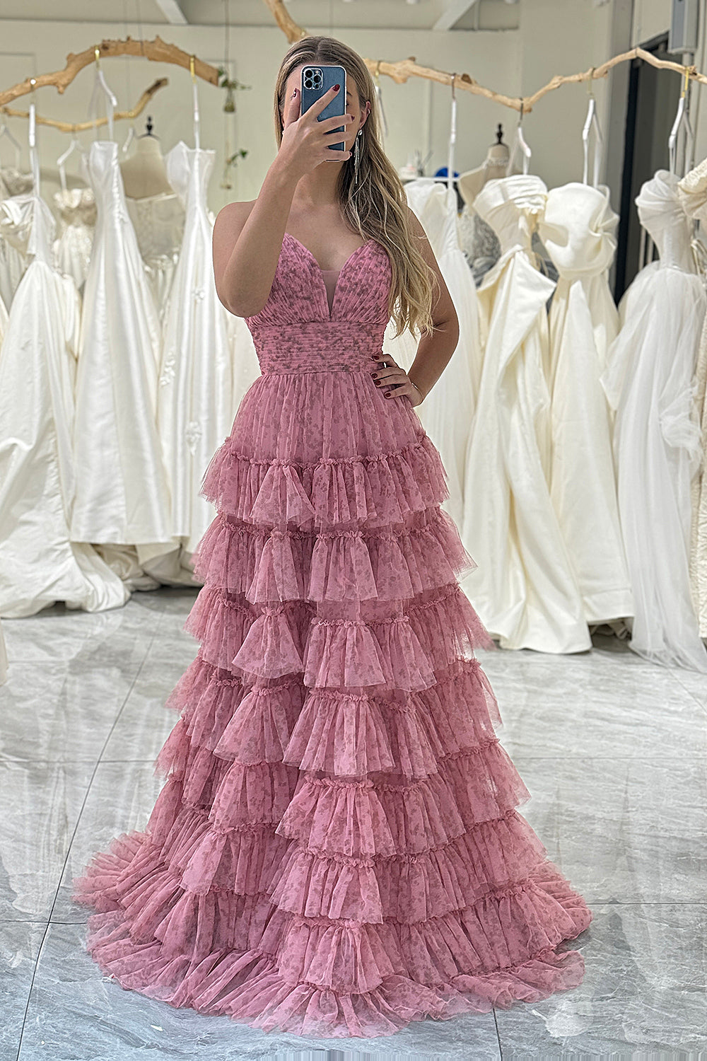 Pink A Line Spaghetti Straps Lace Up Long Tiered Prom Dress