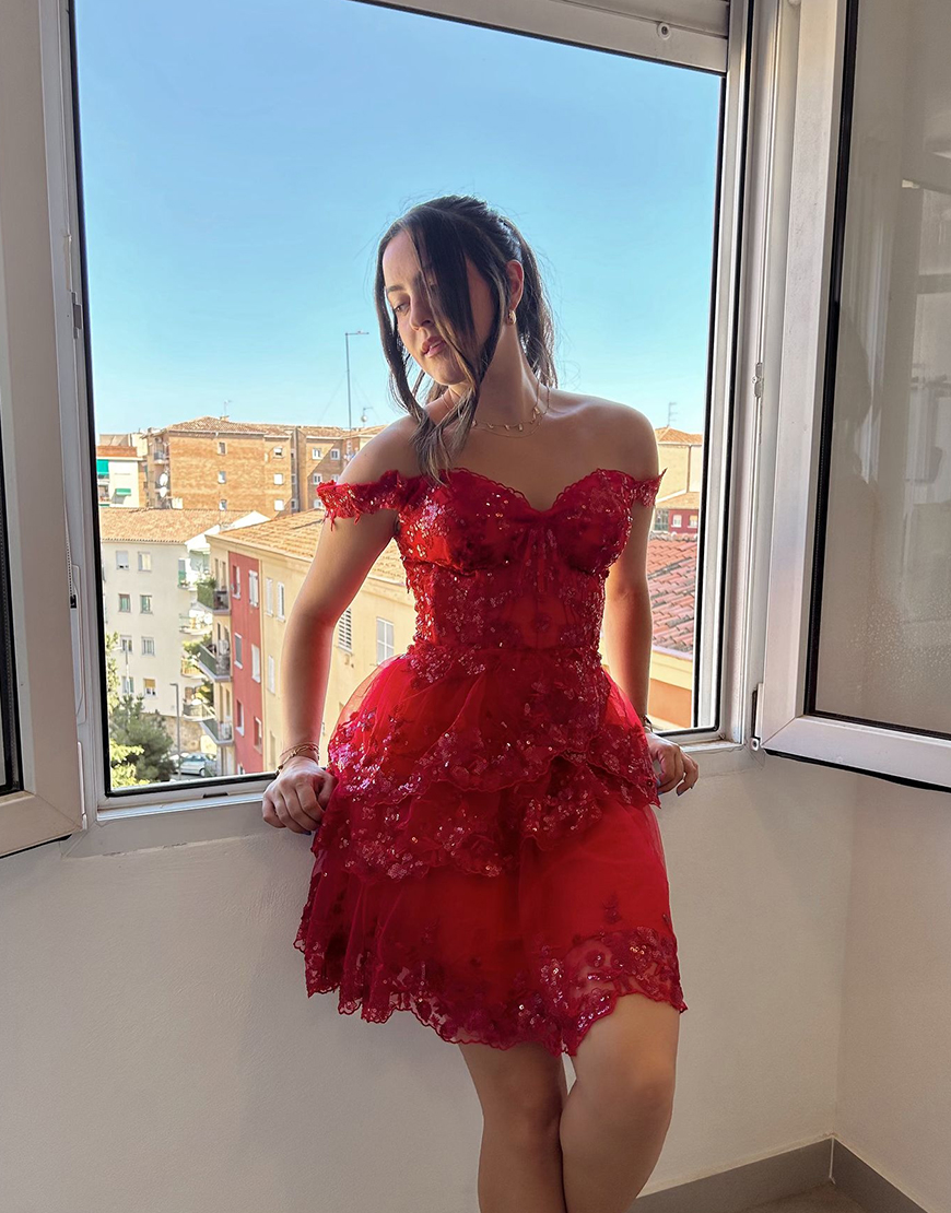 Sparkly Red A-Line Sequined Tiered Corset Homecoming Dress