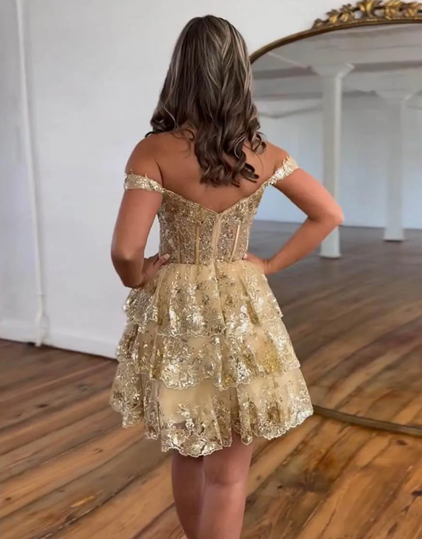 Sparkly Red Off The Shoulder A-Line Tiered Short Party Dress