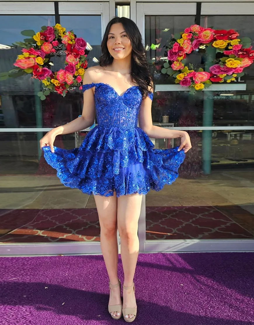 Sparkly Red A-Line Sequined Tiered Corset Homecoming Dress