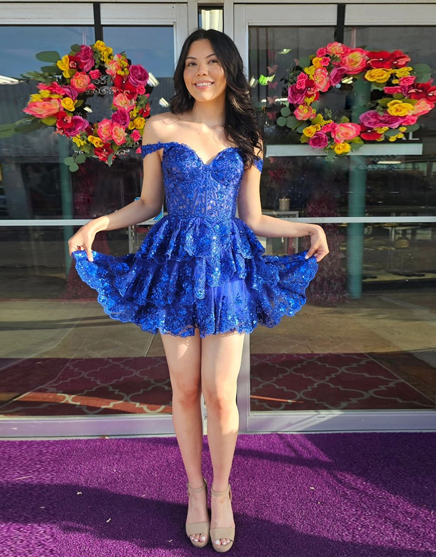 Dark Blue Off The Shoulder A-Line Tiered Short Party Dress