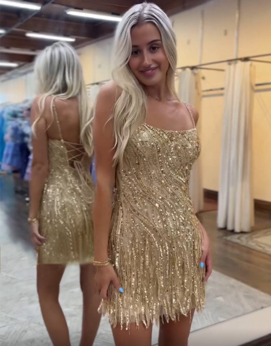 Sparkly Golden Sequins Spaghetti Straps Homecoming Dress with Tassels