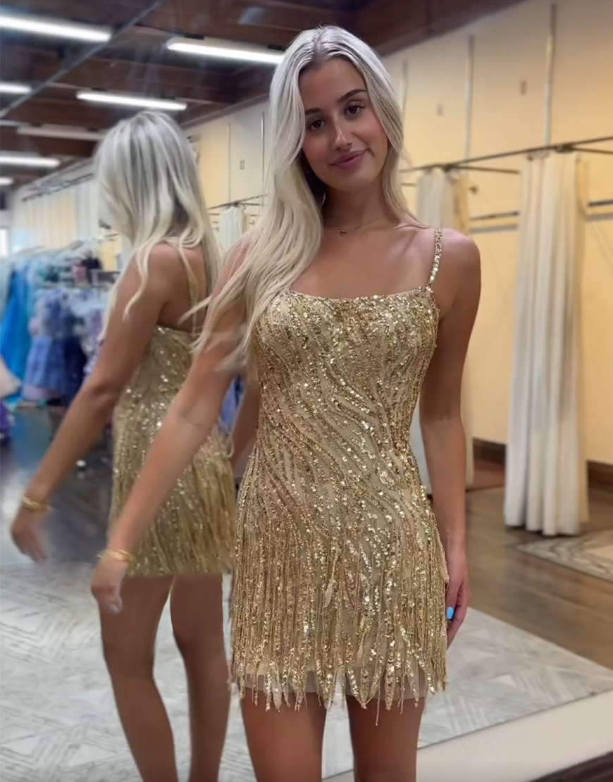 Sparkly Golden Sequins Spaghetti Straps Homecoming Dress with Tassels