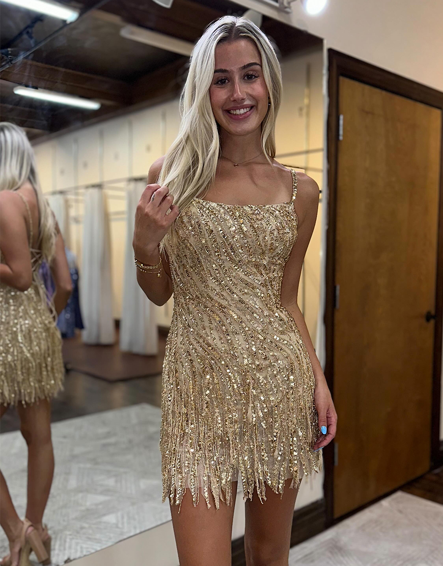 Sparkly Golden Sequins Spaghetti Straps Homecoming Dress with Tassels