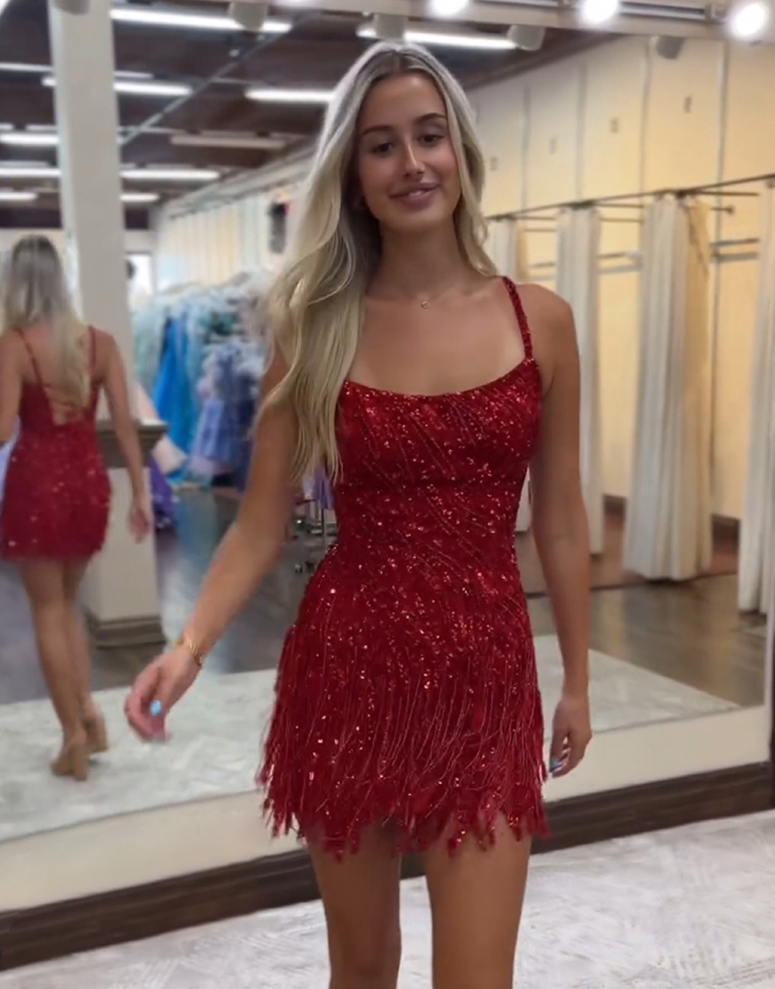 Gorgeous Spaghetti Straps Lace Up Sequin Homecoming Dress With Fringe