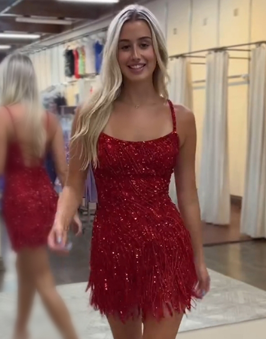 Gorgeous Spaghetti Straps Lace Up Sequin Homecoming Dress With Fringe