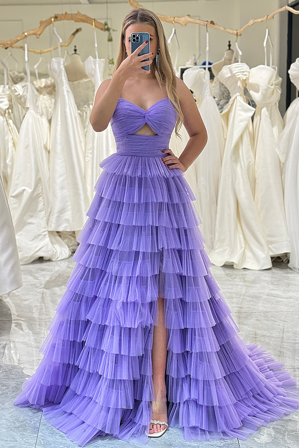 Purple Tulle A-Line Spaghetti Straps Long Tiered Prom Dress With Slit