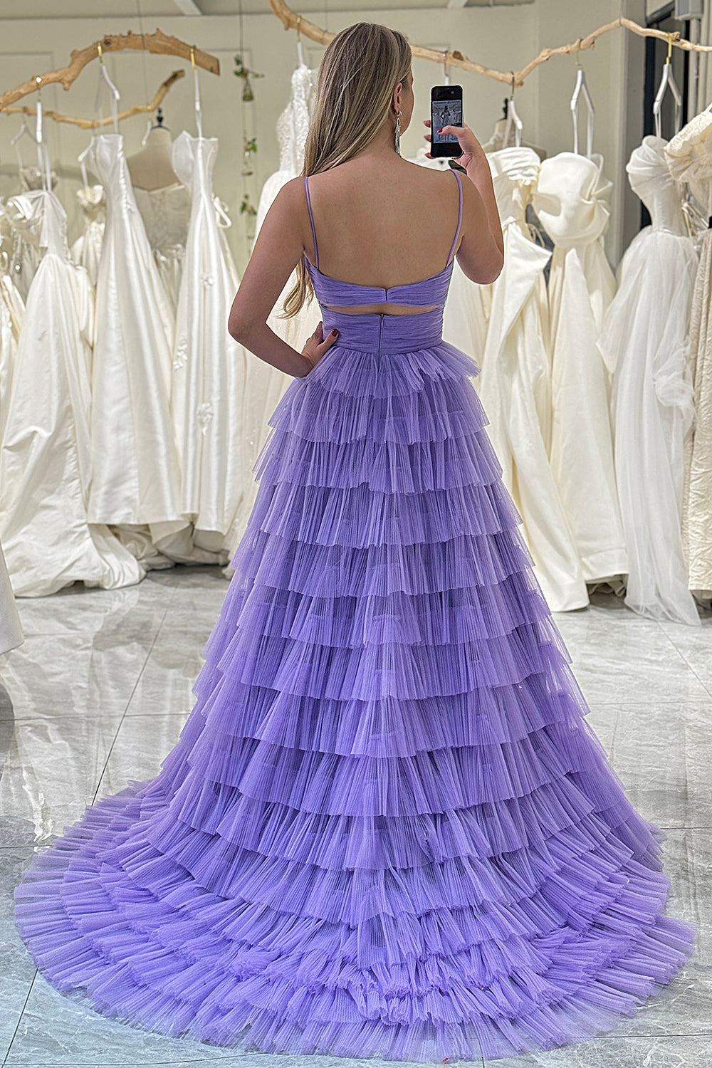 Purple Tulle A-Line Spaghetti Straps Long Tiered Prom Dress With Slit