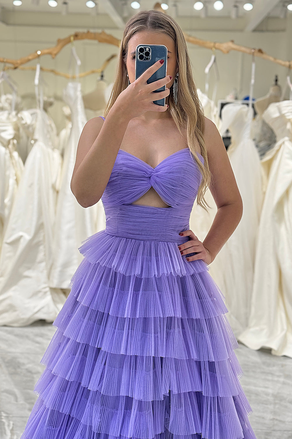 Purple Tulle A-Line Spaghetti Straps Long Tiered Prom Dress With Slit