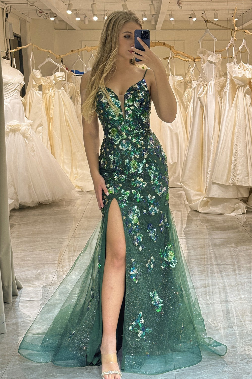 Sparkly Dark Green Mermaid Spaghetti Straps Lace Up Prom Dress With Split