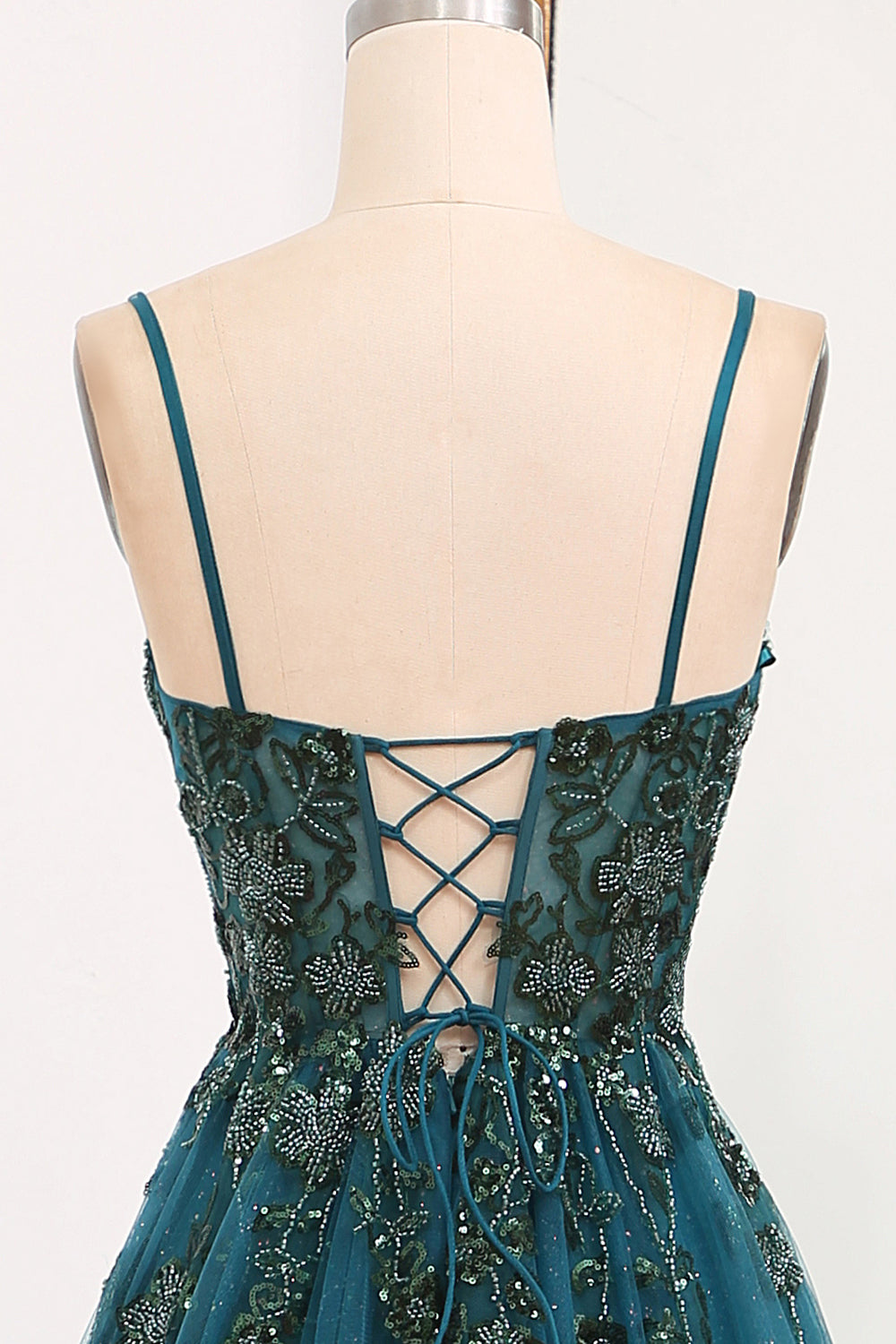 Glitter Dark Green A-Line Tulle Long Appliqued Prom Dress With Slit