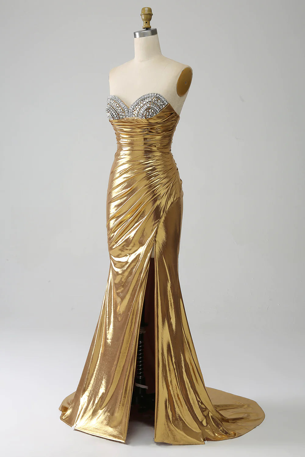 Golden Mermaid Sweetheart Long Metallic Prom Dress with Beading
