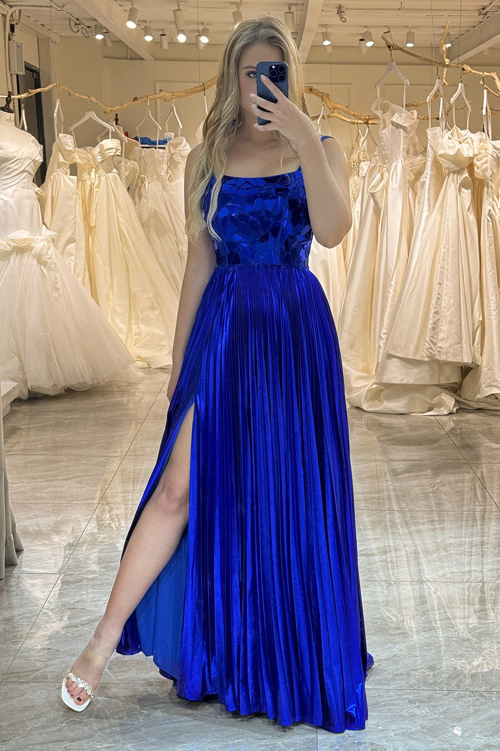 Royal Blue A-Line Lace Up Long Mirror Prom Dress With Split