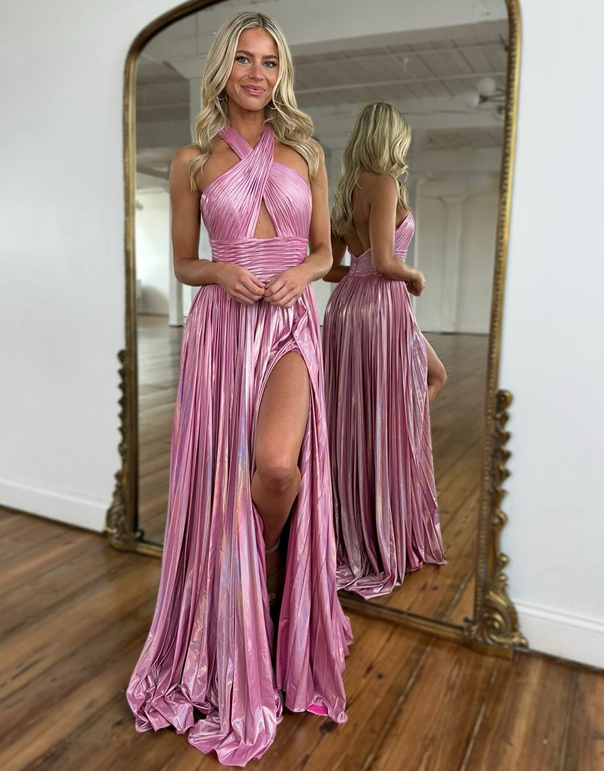 Peacock Blue Halter Neck A-Line Long Bright Prom Dress With Split