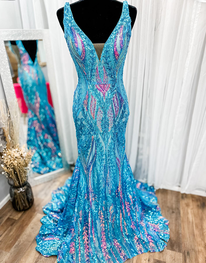 Berlinnova Women Gorgeous Blue Long Prom Dress Sparkly Mermaid V-Neck Backless Pageant Dress With Sequins