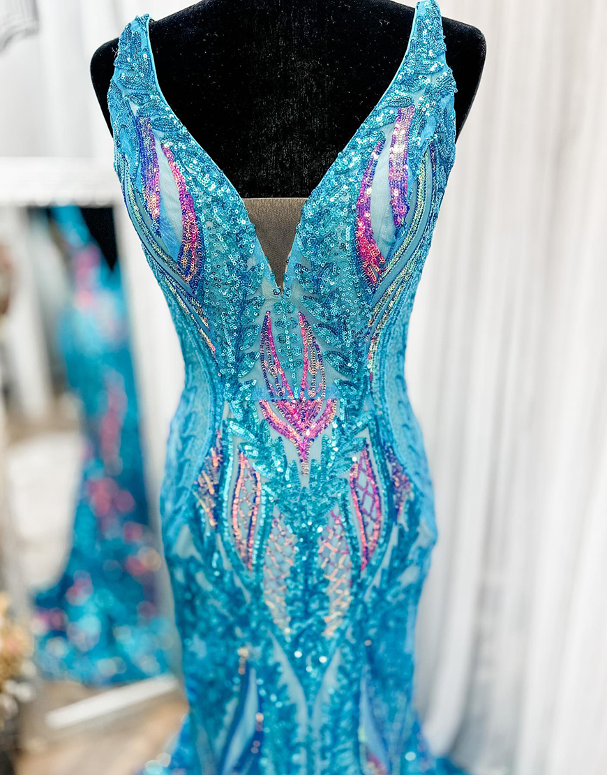 Berlinnova Women Gorgeous Blue Long Prom Dress Sparkly Mermaid V-Neck Backless Pageant Dress With Sequins