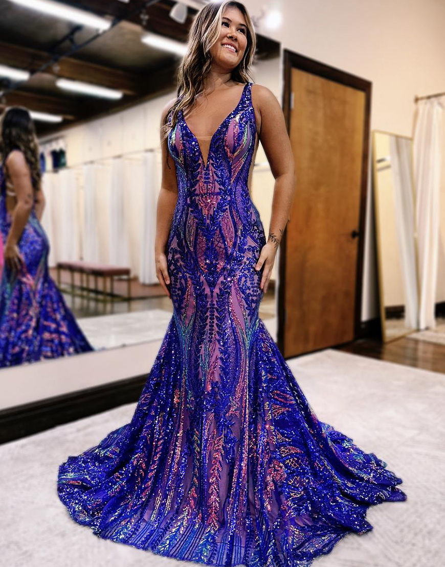 Berlinnova Women Sparkly Royal Blue Long Prom Dress Sequin Mermaid V-Neck Backless Pageant Dress