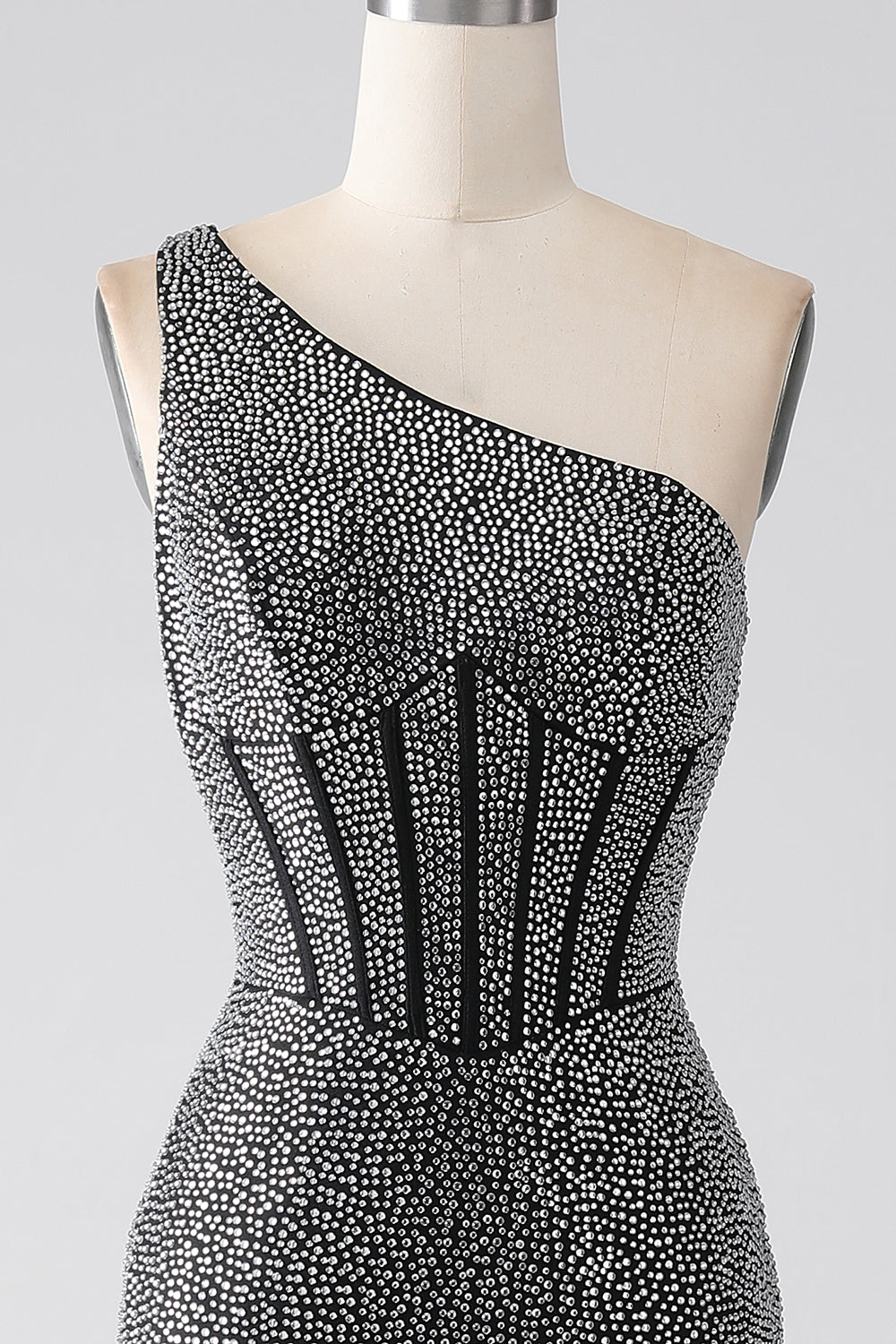 Black Sparkly Mermaid One Shoulder Keyhole Back Long Beaded Prom Dress