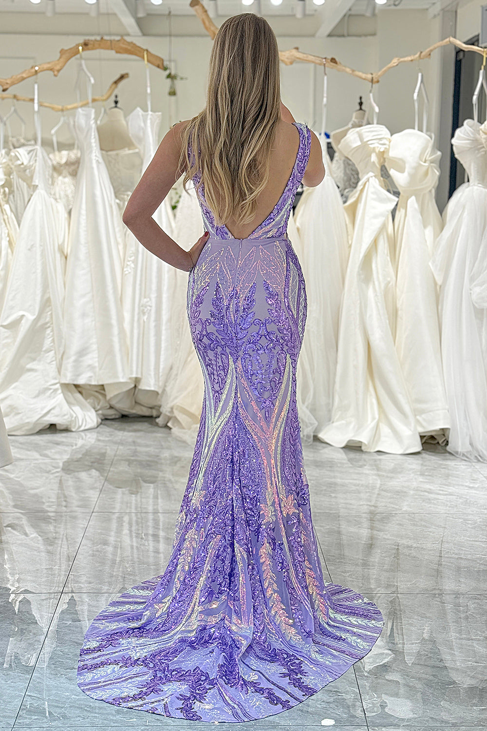 Sparkly Stylish Mermaid V-Neck Long Prom Dress With Sequins