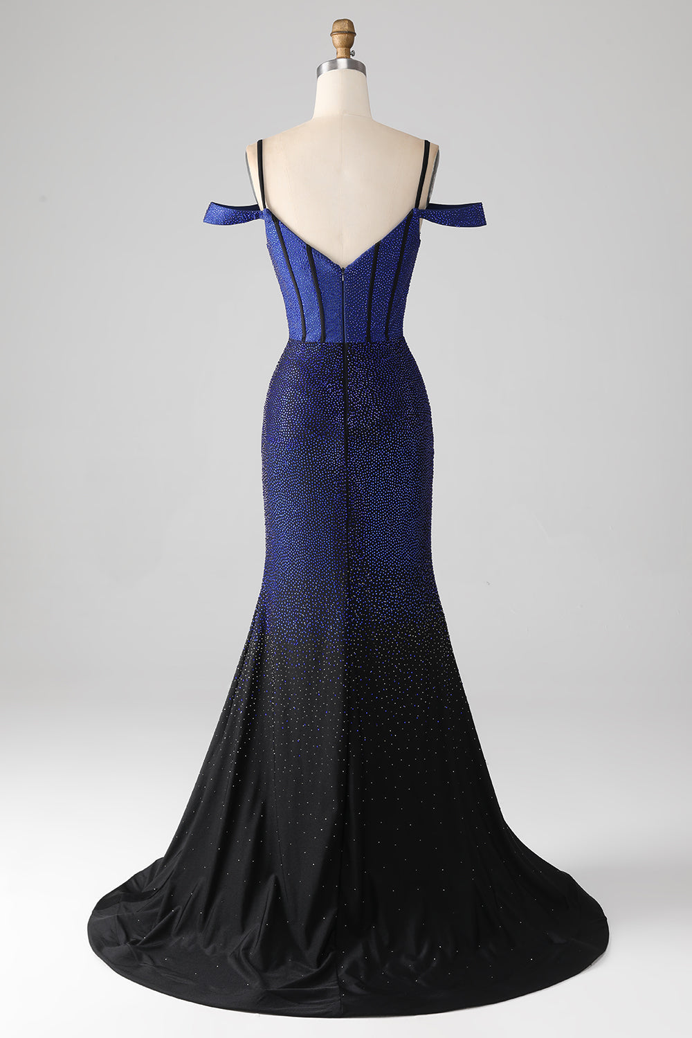 Sparkly Navy Mermaid Off The Shoulder Long Beaded Prom Dress With Slit