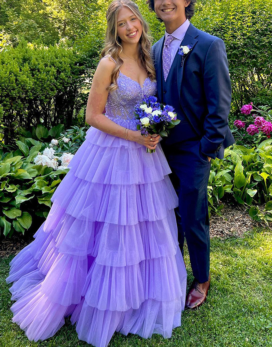 Sparkly Lilac A-Line Double Straps Tiered Long Tulle Prom Dress
