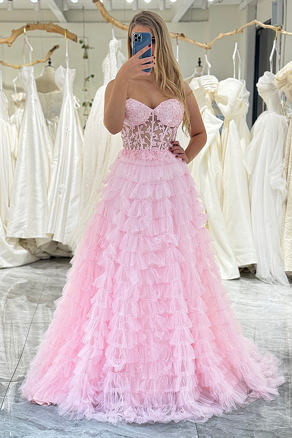 Cute Pink A-Line Sweetheart Lace Up Long Ruffle Tulle Prom Dress